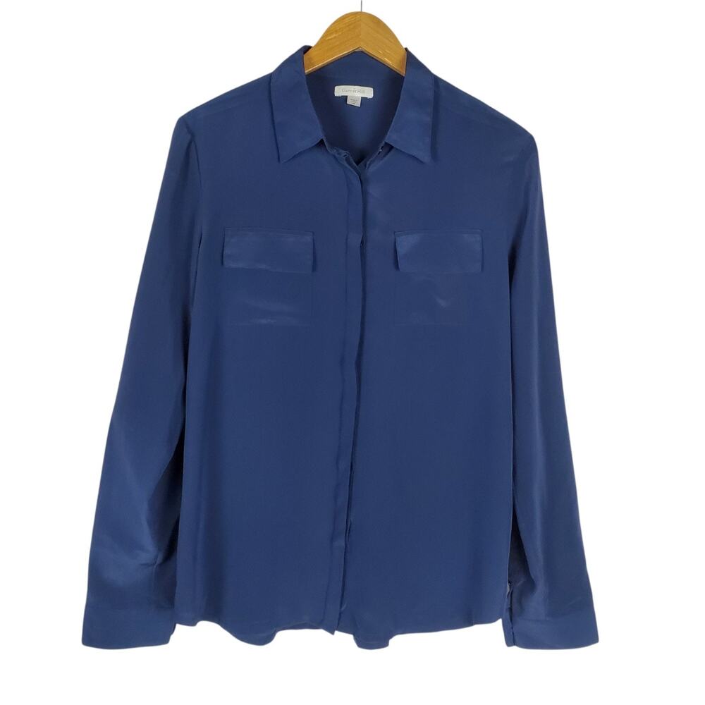 Garnet Hill 100% Silk Long Sleeve Button Up Blouse Shirt Size 8 Dark Blue Top